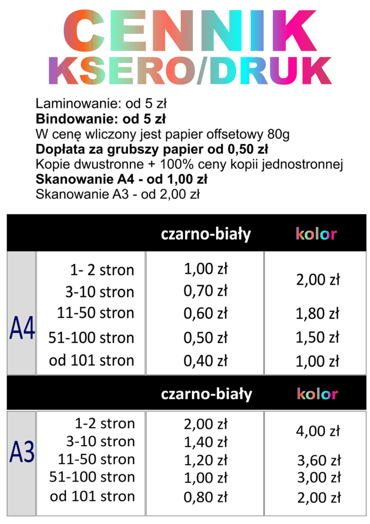 cennik ksero i wydruków